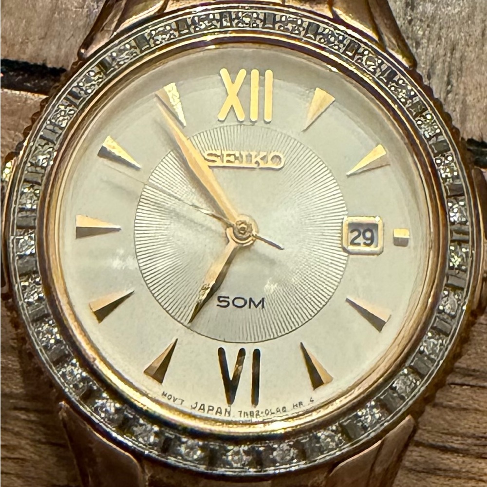 Seiko Gold Tone Plated with Diamonds  Roman Numeral Watch